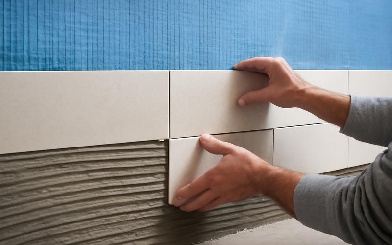 AI concept: Tile setter installing wall tile over a waterproof membrane