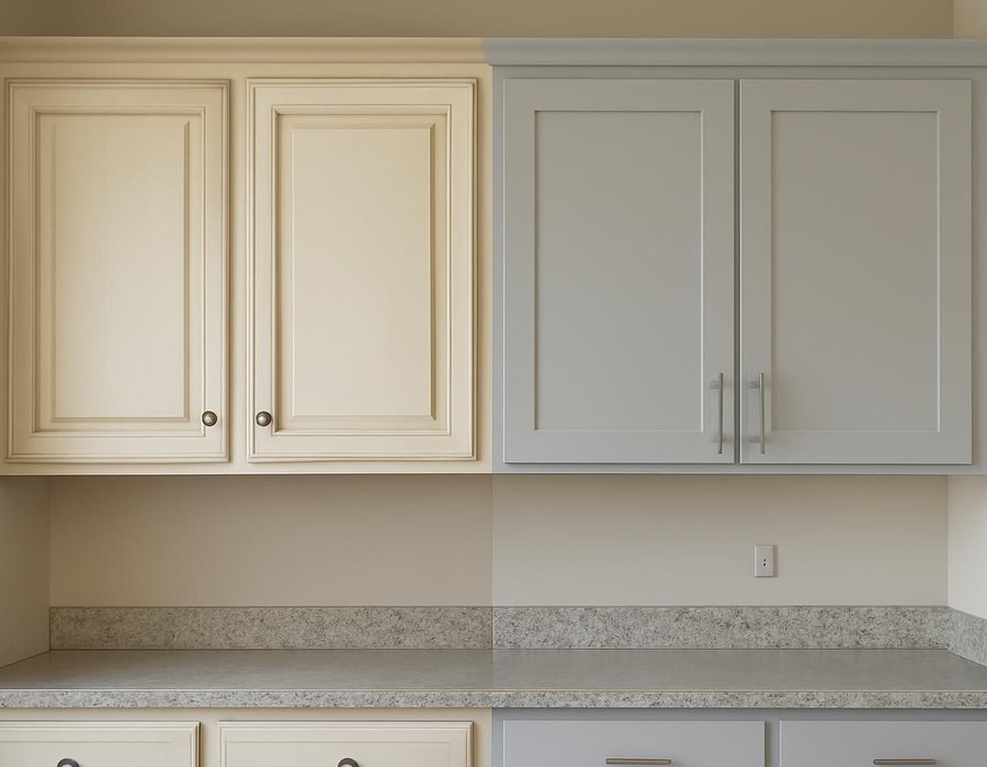 AI concept: Painted original raised-panel doors beside new refaced shaker doors on the cabinets