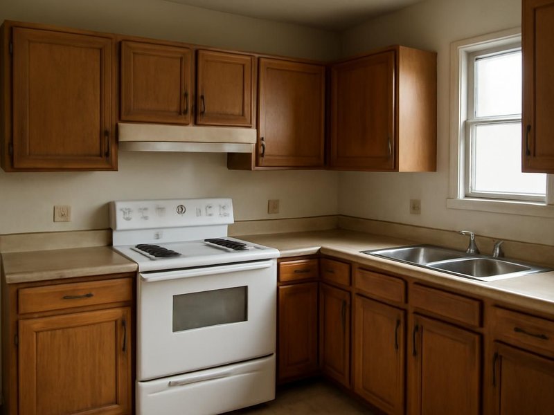 AI concept: An older American kitchen with worn oak cabinet fronts and dated handles