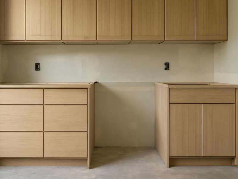 AI concept: Remodeled idea: light rift oak veneer on the boxes