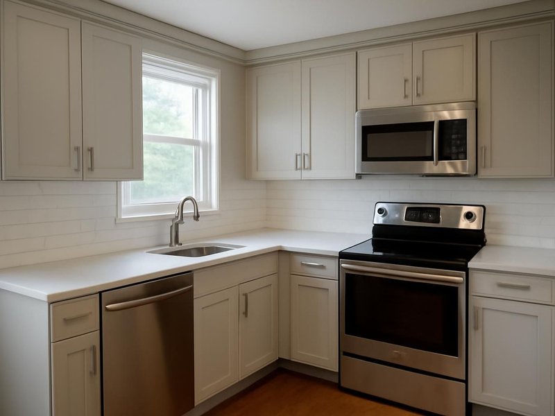 AI concept: An American kitchen with freshly refaced shaker cabinet fronts and retained cabinet boxes