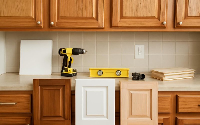AI concept: Supervisor holding door samples against oak cabinets