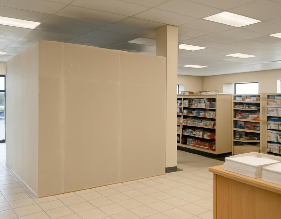 AI concept: Retail shop with one section closed off behind a temporary wall while the rest stays open