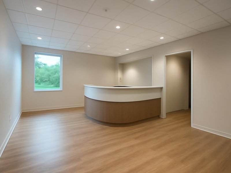 AI concept: Remodeled idea: bright waiting room with LVT floors, LED lights and a new reception desk