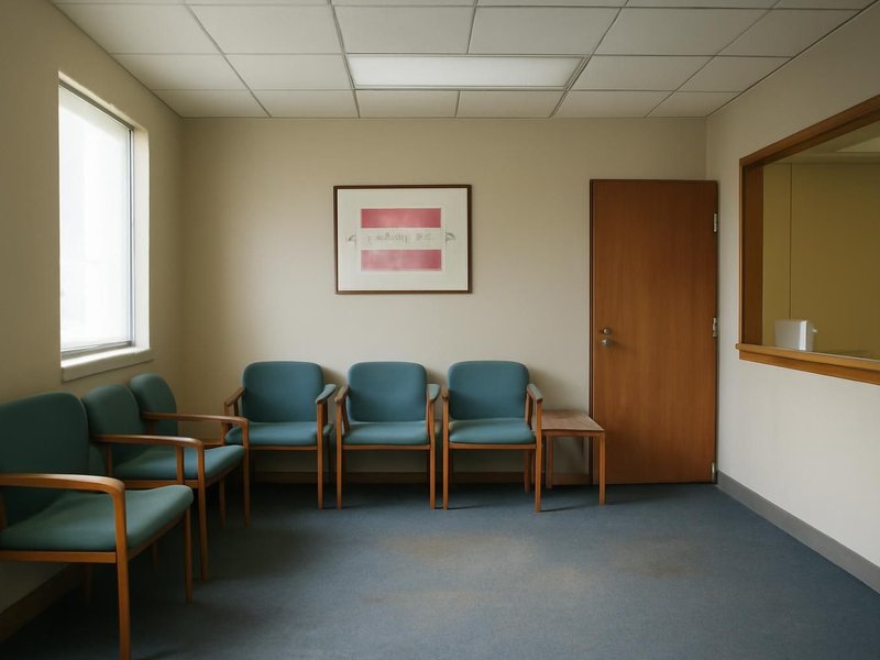 AI concept: Existing condition: dated dental office waiting room with worn carpet