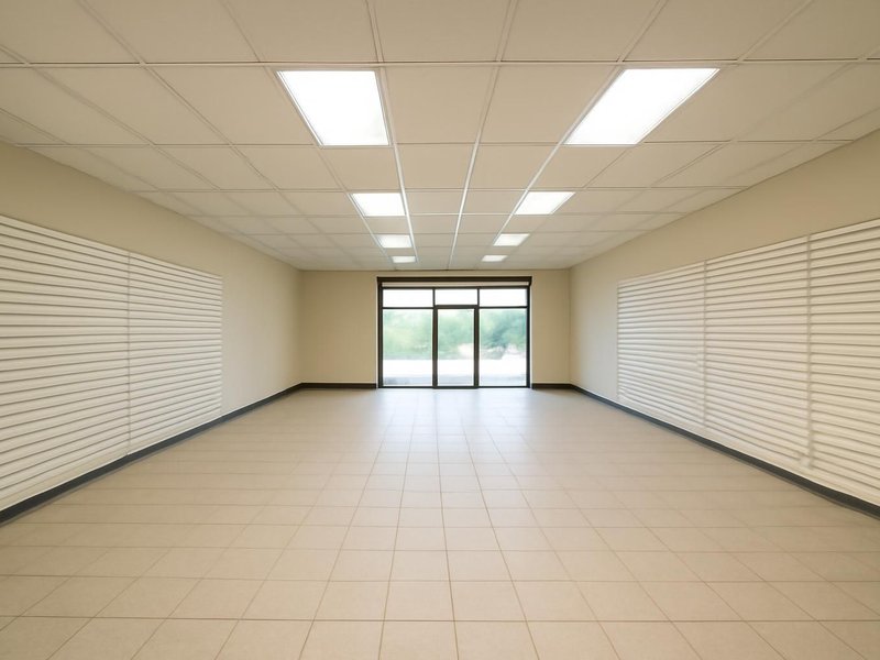 AI concept: Existing condition: empty retail shop with a dropped ceiling and fluorescent lights