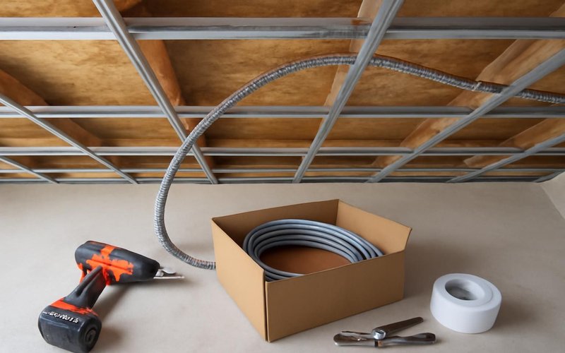 AI concept: Electrician running conduit above a ceiling grid