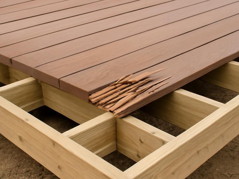 AI concept: Existing condition: splintered brown wood boards on a sound deck frame