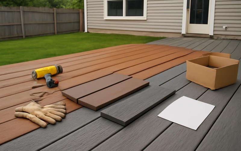 AI concept: Homeowner comparing composite deck samples in the backyard