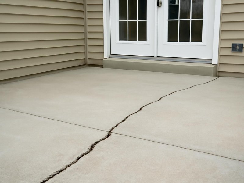AI concept: Existing condition: cracked gray patio sloping toward the back door