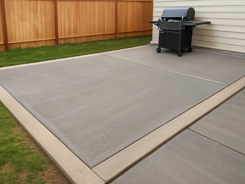AI concept: Remodeled idea: broom-finished patio with a border and a grill pad