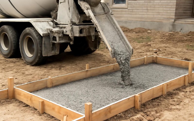 AI concept: Ready-mix concrete truck pouring into forms