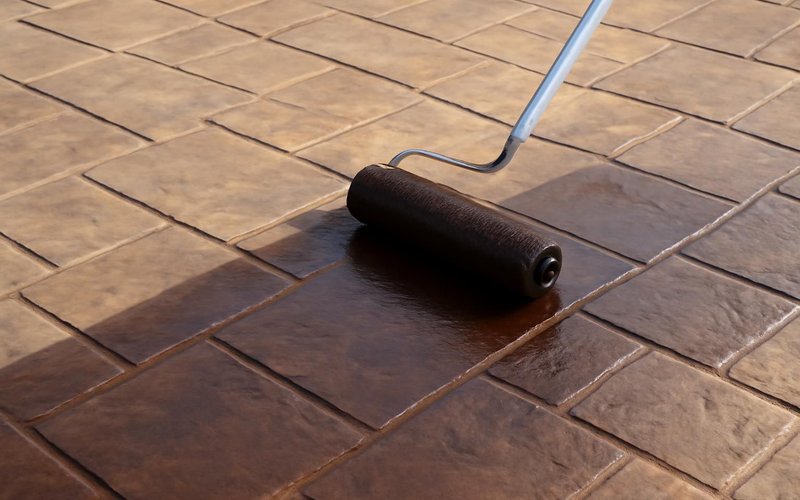 AI concept: Sealer being rolled onto a stamped patio