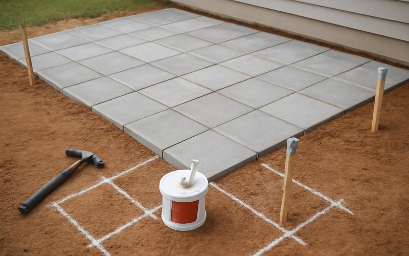 AI concept: Supervisor marking a patio layout with paint and stakes