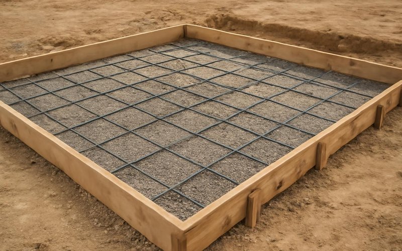 AI concept: Compacted gravel base with forms and rebar before a pour