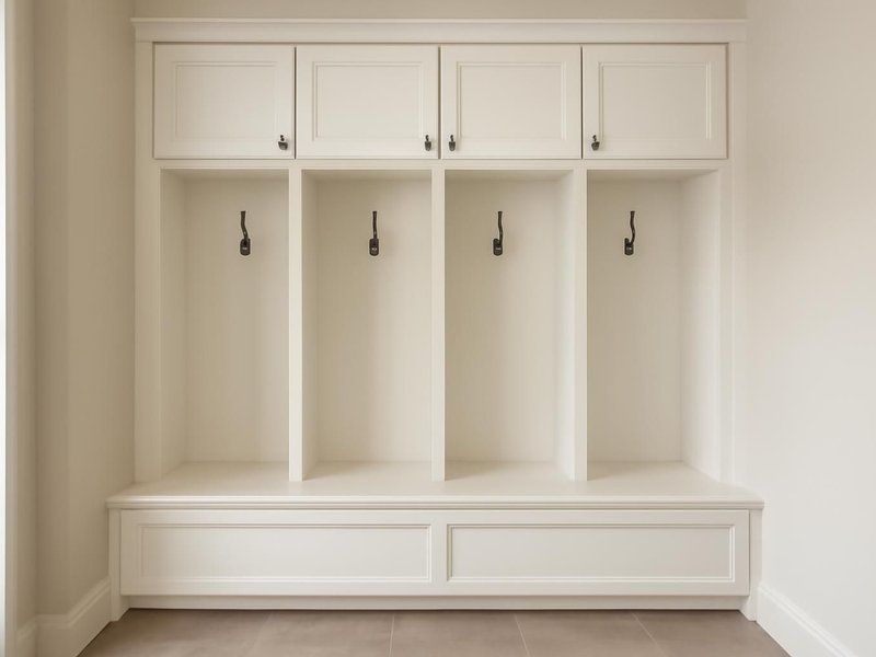AI concept: Remodeled idea: mudroom lockers with a lift-up bench and hooks at two heights