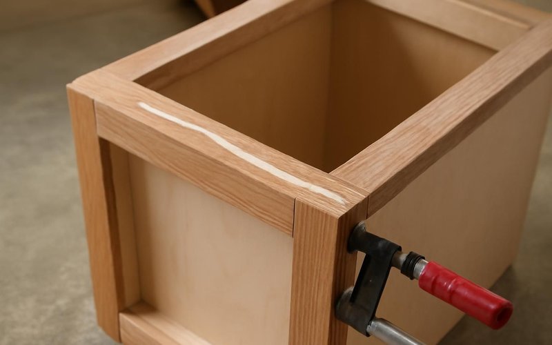 AI concept: Hardwood face frame being glued to a cabinet box