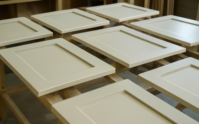 AI concept: Painted shaker cabinet doors drying in a shop