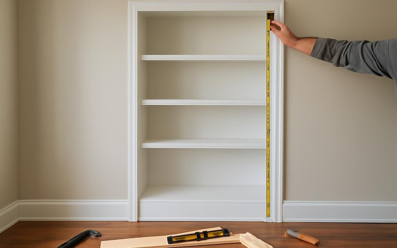 AI concept: Carpenter measuring an alcove for a bookcase