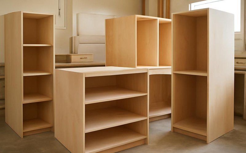 AI concept: Plywood cabinet boxes being assembled in a shop