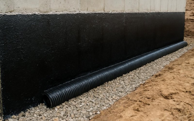 AI concept: Waterproofed poured foundation with drain tile