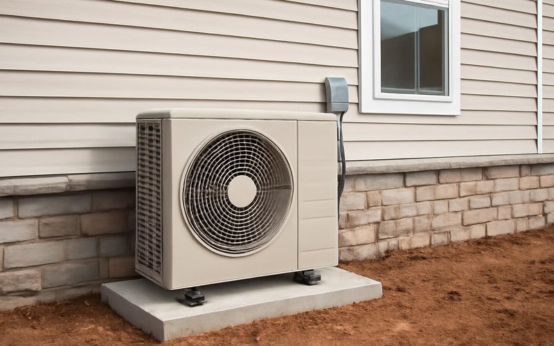 AI concept: Heat pump outdoor unit beside a new home