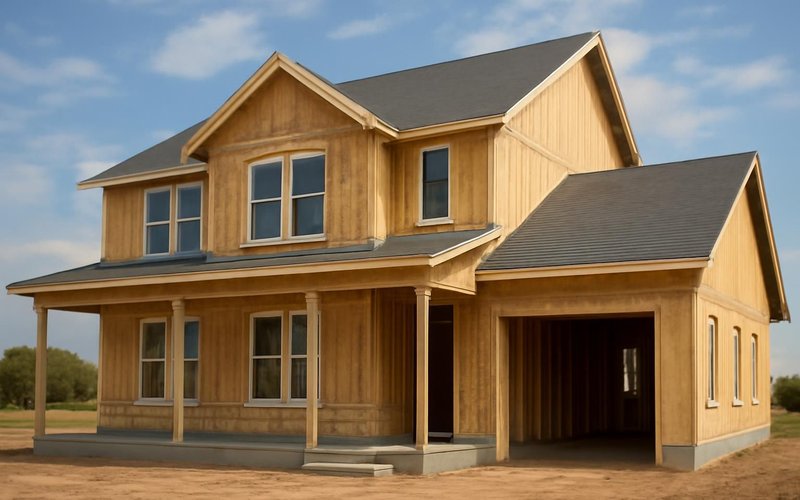 AI concept: Framed custom home with roof and windows installed