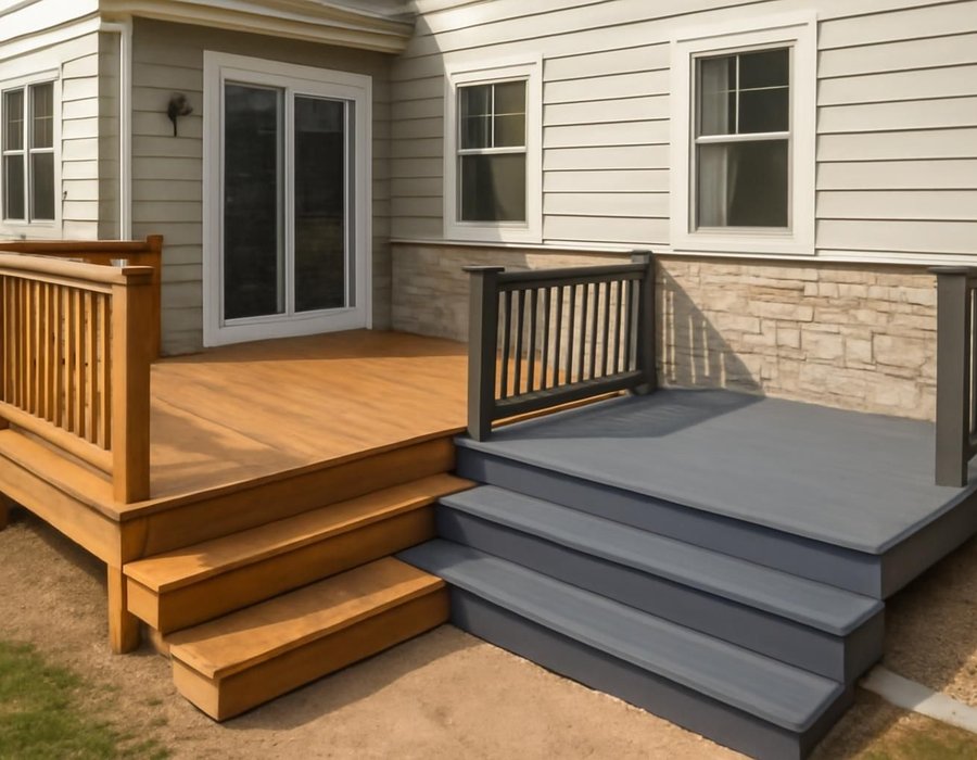 AI concept: A stained pressure-treated deck beside a gray composite deck on the style of house