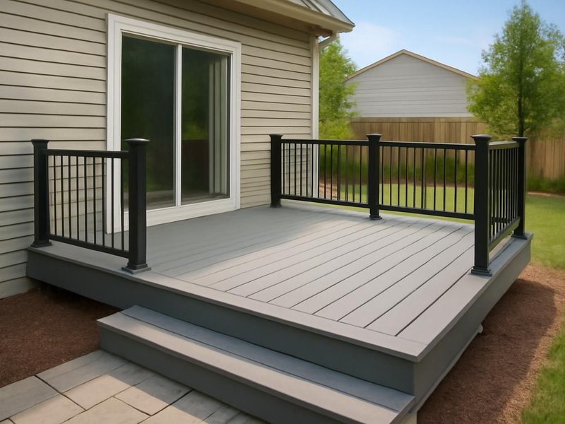 AI concept: Remodeled idea: gray composite deck off the slider with black aluminum railing