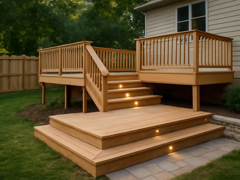 AI concept: Remodeled idea: two-level deck stepping down the slope with lit stairs