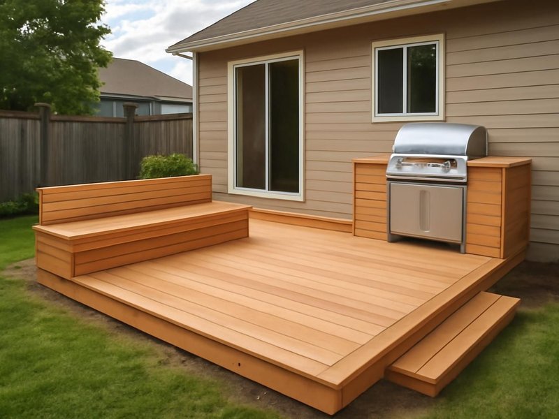 AI concept: Remodeled idea: low cedar deck with a built-in bench and a grill area