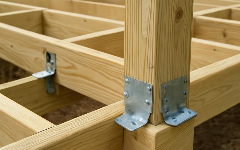 AI concept: Galvanized joist hangers and post base on a deck frame