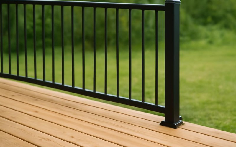 AI concept: Black aluminum deck railing with thin balusters