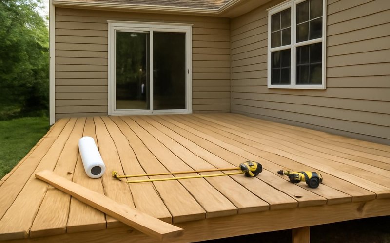 AI concept: Deck supervisor measuring the back of a house for a new deck