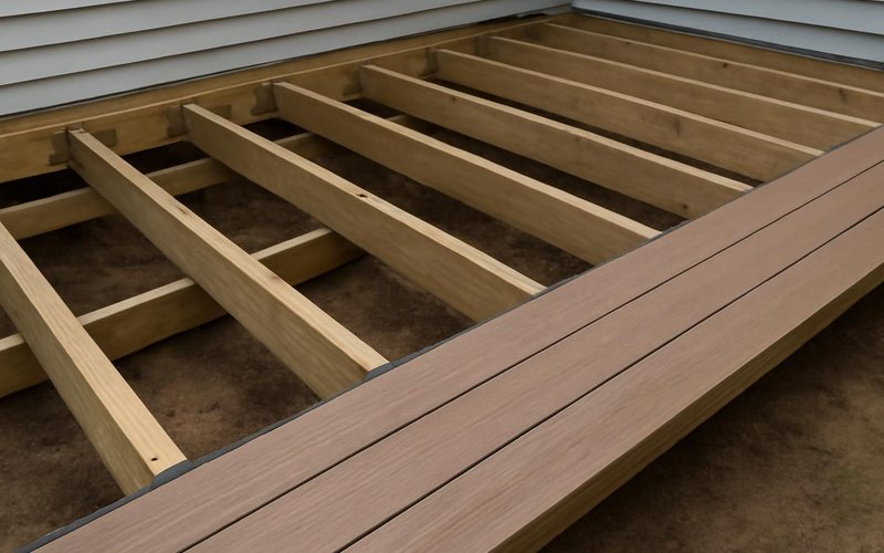 AI concept: Deck joists with joist tape and the first composite boards