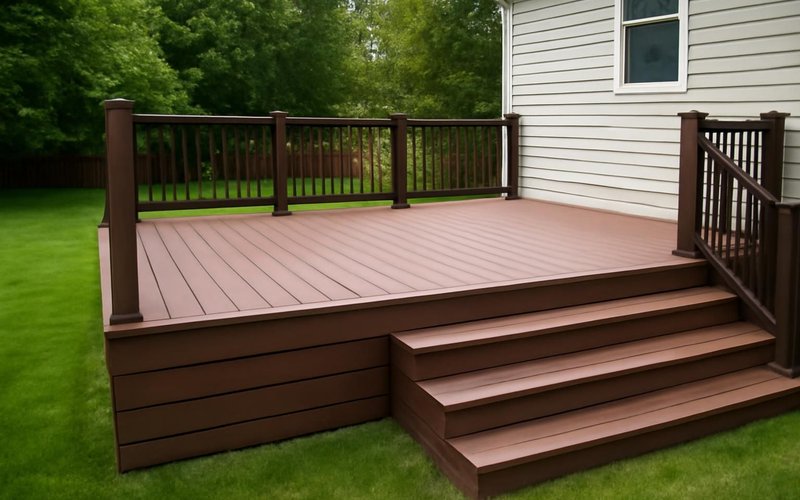 AI concept: Finished composite deck with railing and stairs to the lawn