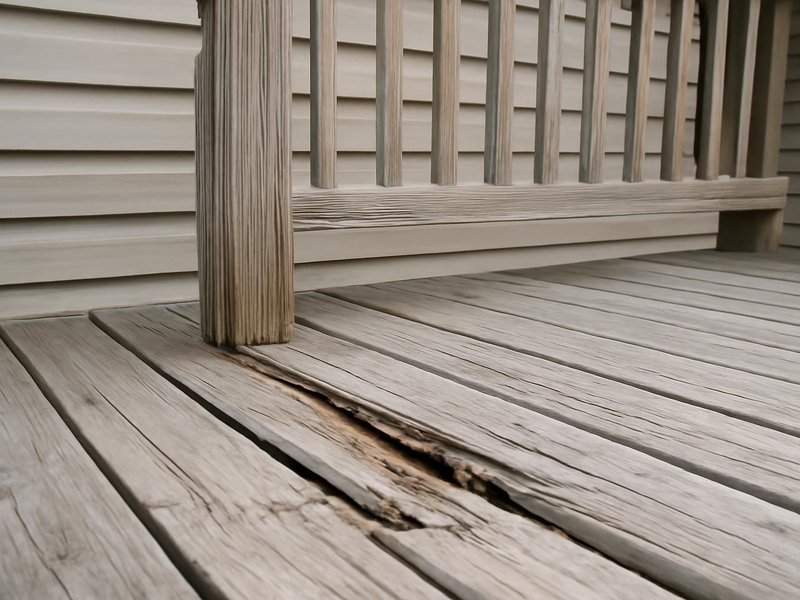 AI concept: Existing condition: gray splintered boards and a railing post leaning outward