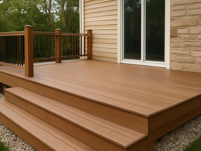 AI concept: Remodeled idea: rebuilt deck with a flashed ledger and new composite boards