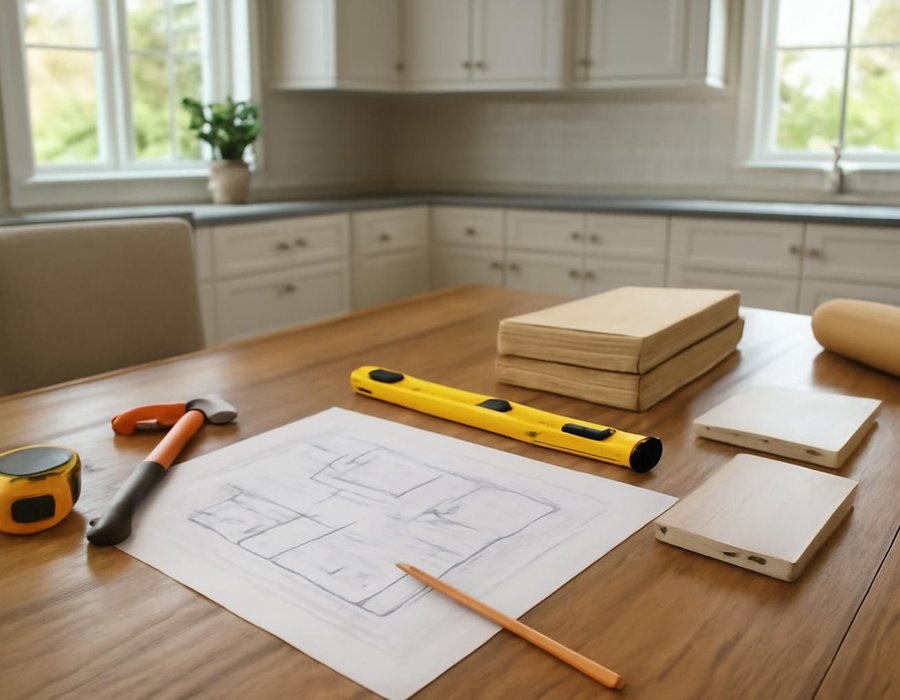 AI concept: Designer talking with a couple at their dining table next to a set of printed remodel drawings