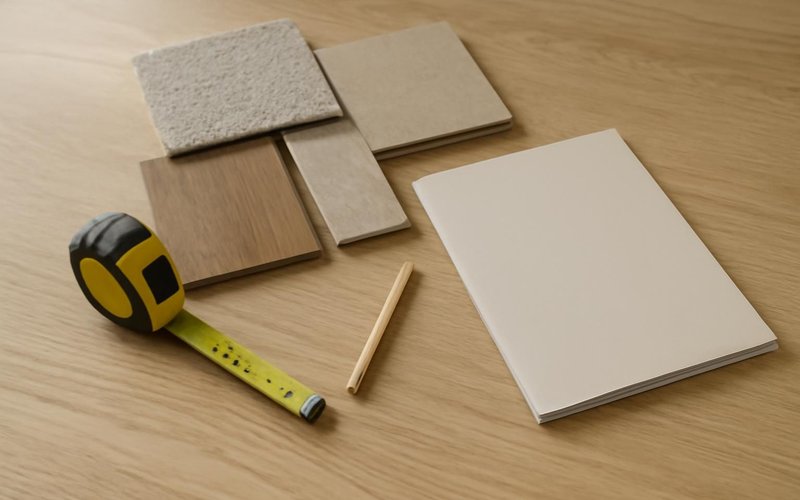 AI concept: A natural close photograph of a remodeling planning worktable for design consultation with appropriate unmarked material samples, pencil, tape measure and a completely blank closed folder. No drawings or paper with markings