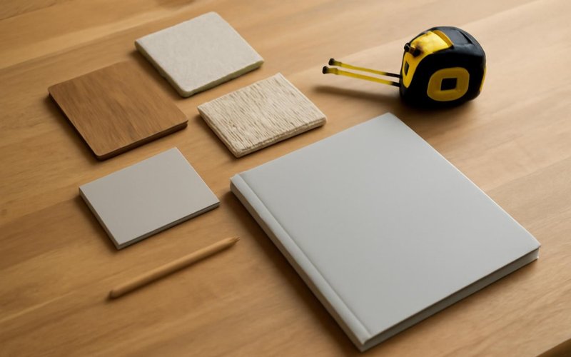 AI concept: A natural close photograph of a remodeling planning worktable for design consultation with appropriate unmarked material samples, pencil, tape measure and a completely blank closed folder. No drawings or paper with markings
