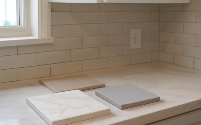 AI concept: Countertop and tile samples on a kitchen counter