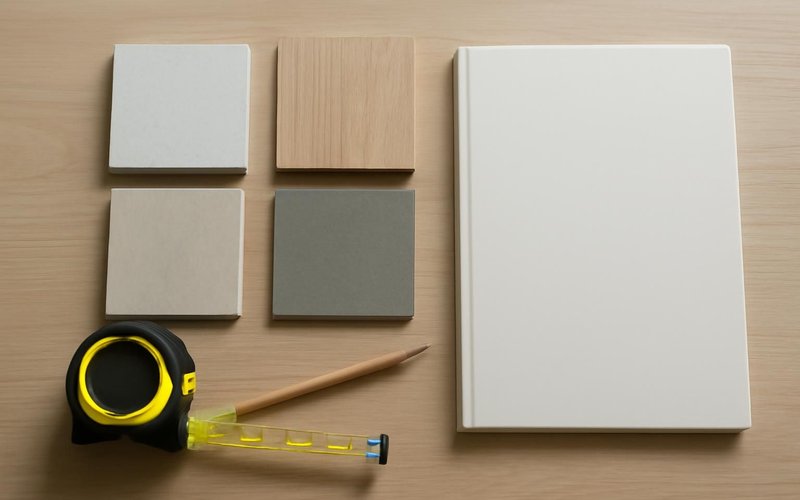 AI concept: A natural close photograph of a remodeling planning worktable for design consultation with appropriate unmarked material samples, pencil, tape measure and a completely blank closed folder. No drawings or paper with markings