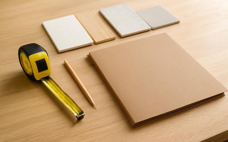AI concept: A natural close photograph of a remodeling planning worktable for design consultation with appropriate unmarked material samples, pencil, tape measure and a completely blank closed folder. No drawings or paper with markings