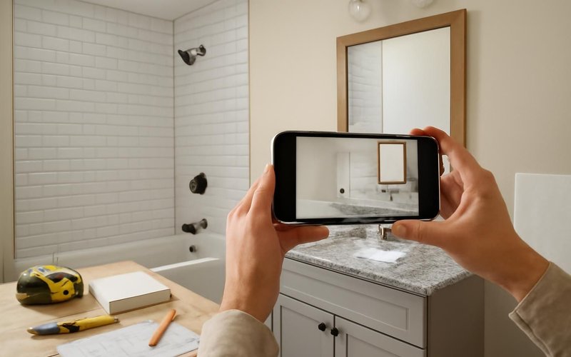 AI concept: Homeowner photographing a dated bathroom on a phone