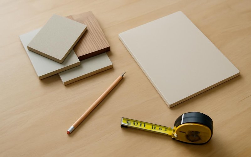 AI concept: A natural close photograph of a remodeling planning worktable for design consultation with appropriate unmarked material samples, pencil, tape measure and a completely blank closed folder. No drawings or paper with markings