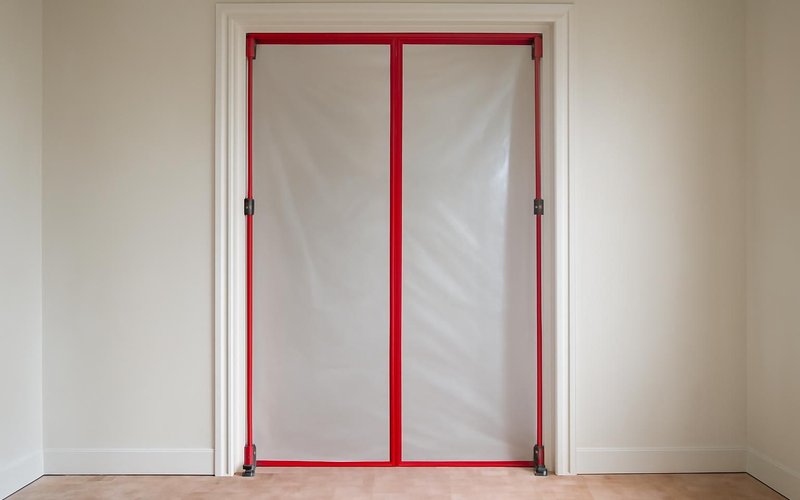 AI concept: Zip wall dust barrier sealing a room doorway