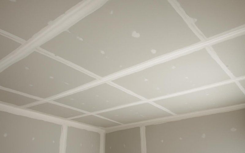 AI concept: Drywall hung on a ceiling with taped seams