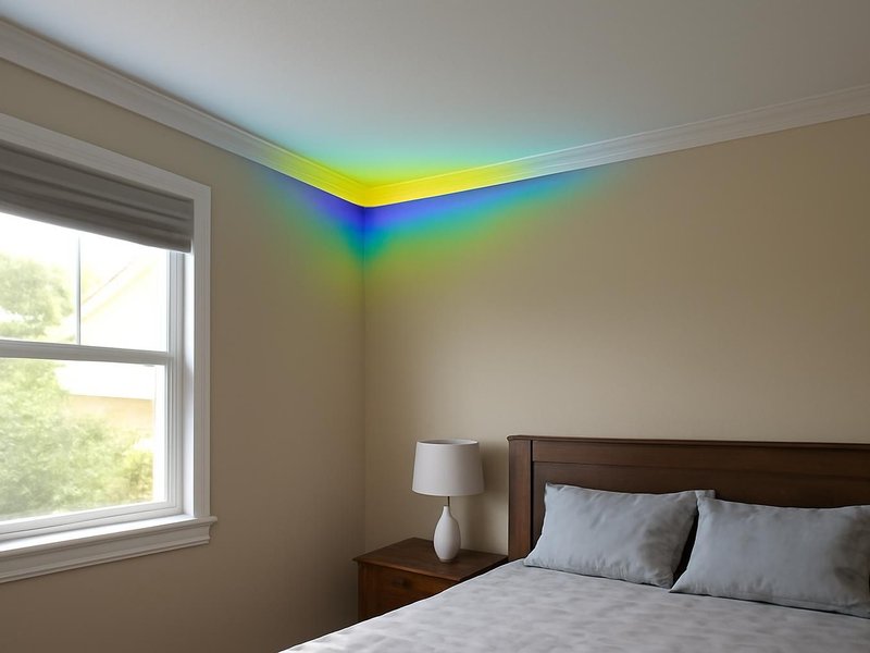 AI concept: Existing condition: infrared image of a bedroom wall glowing cold at the ceiling line