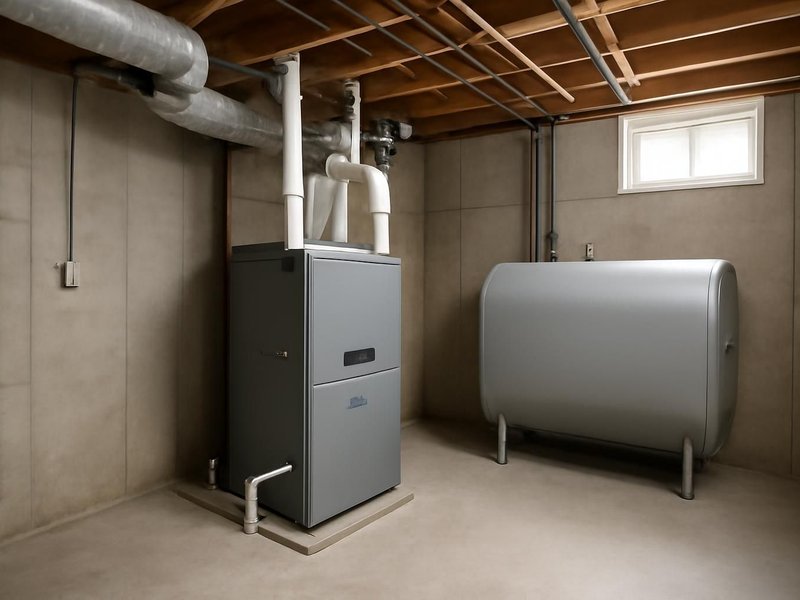 AI concept: Existing condition: basement with an old oil furnace and a tank